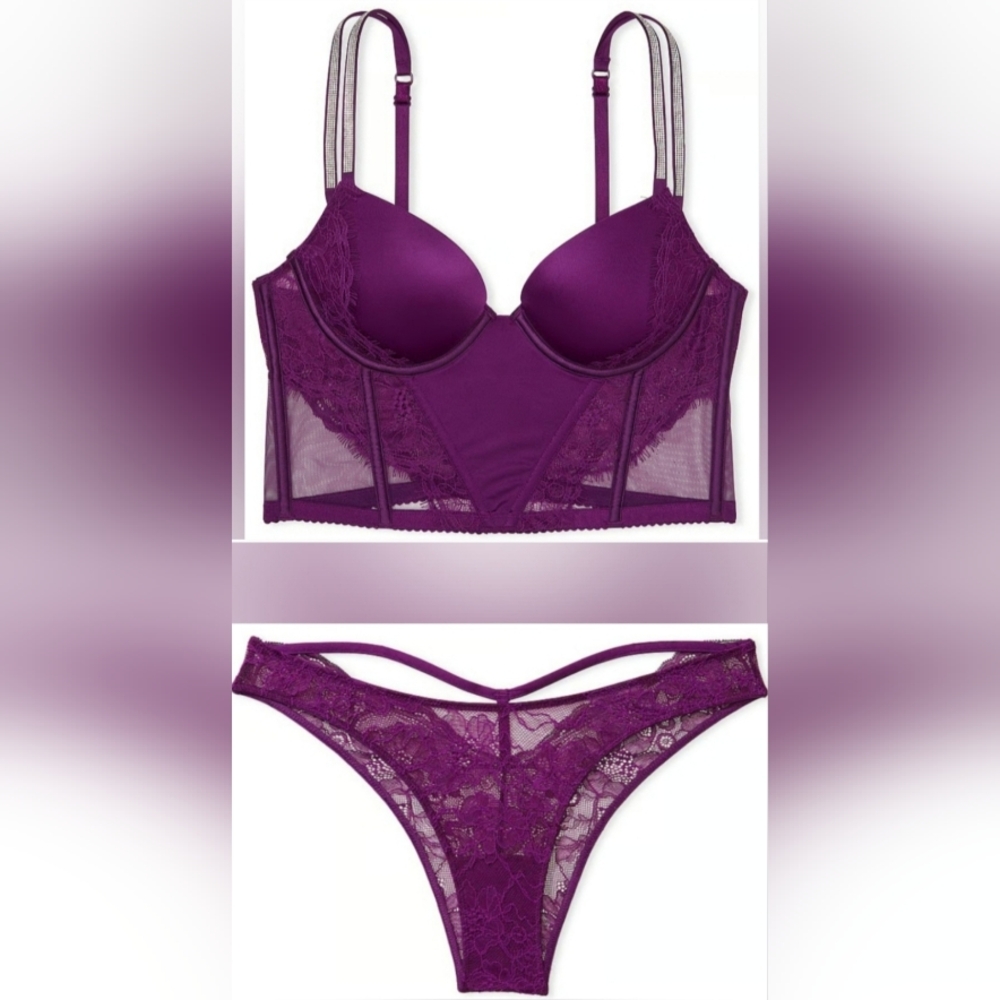 34D/M VS Double Shine Strap Satin Lace Corset Top Brazilian Panty Set